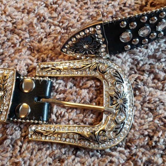 Black Leather Rhinestone Accented Belt - Picture 3 of 5